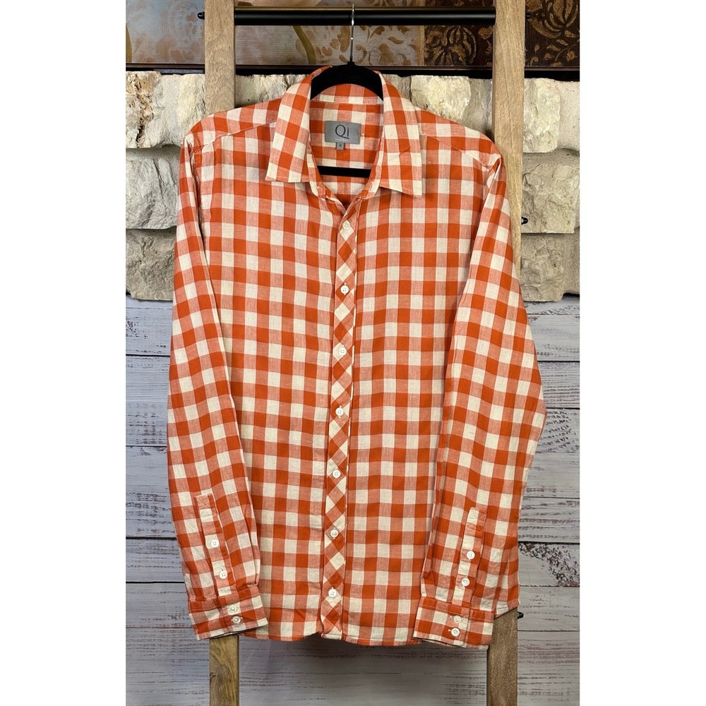 Qi New York Mens Orange White Gingham Linen Cotton Button Down Shirt Size M